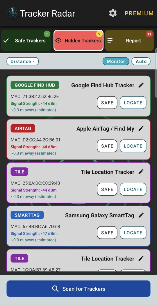 Tracker Radar scan results