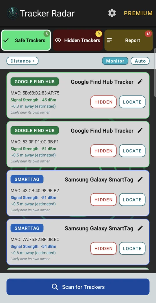 Hidden trackers list